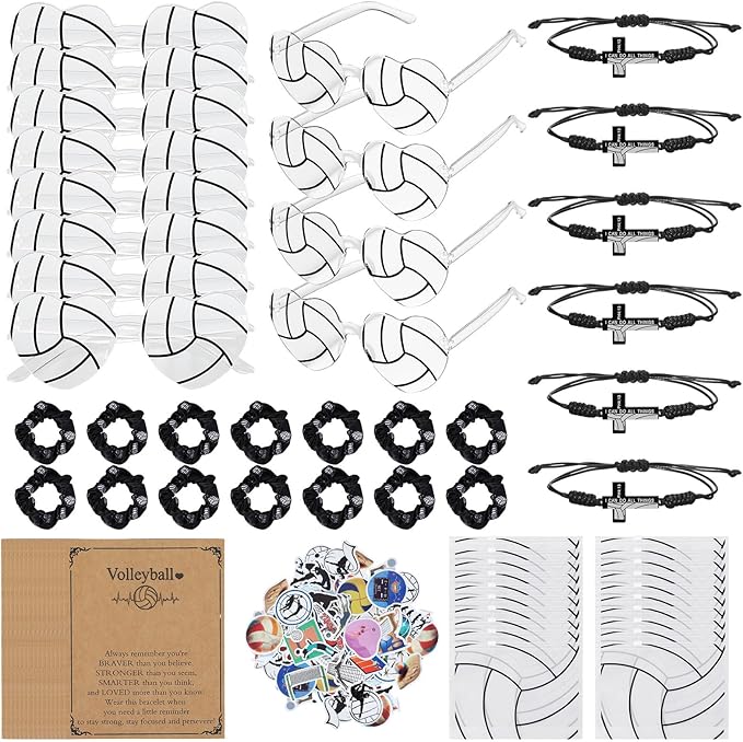 150 Pcs/20 Sets Volleyball Team Gifts for Girls - Volleyball Senior Night Gifts with Scrunchies Makeup Bags Sunglasses Bracelets Stickers Sport Birthday Party Favors for Girls