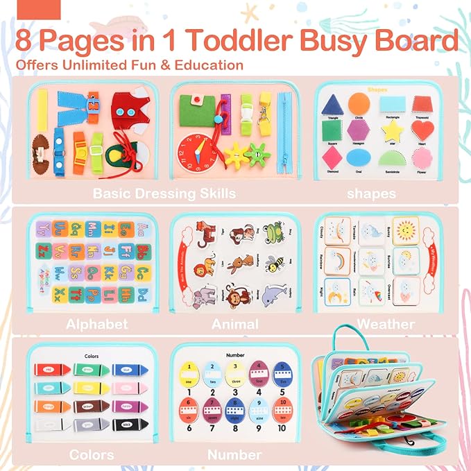 Toddler Busy Board Montessori Toys for Toddlers 1-3 Year Old Educational Activity Book Board Sensory Travel Toys Ages 3-5 Preschool Learning Fine Motor Skills Toy Quiet Book Gift for Kids
