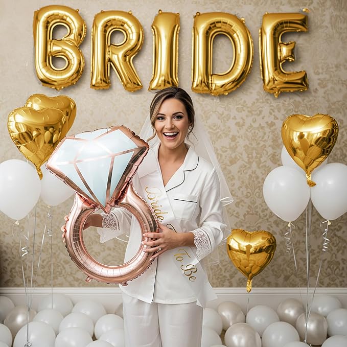 Gold Bridal Shower party decorations with huge 40in Gold BRIDE letter Pearl Balloons BRIDE to be Sash Bridal Veil Diamond Ring Heart shape Balloons For Bachelorette party Wedding supplies
