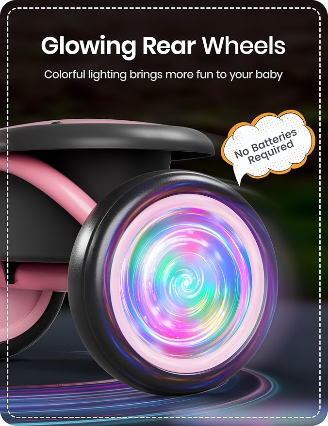 besrey Colorful Lighting Toddler Tricycle for Ages 18 Months to 5 Years, Toddler Bike with Bell, Kids Tricycle, Gift for 2-5 Year Olds, Toy for Boys and Girls, Tricycle for Toddlers, Pink