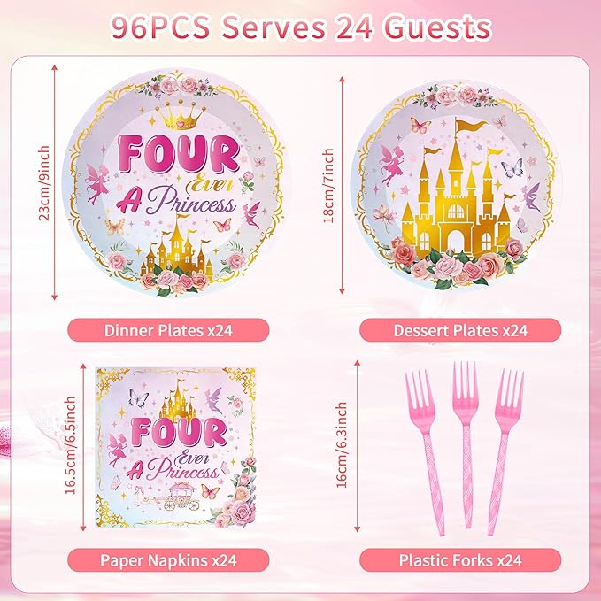 96Pcs Princess Party Plates & Napkins, Four Ever a Princess Birthday Party Tableware Set, Pink Disposable Plates, Forks, 4th Birthday Dinnerware Napkins for 24 Guests