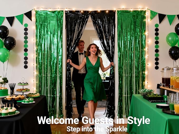 3 Packs Green Black Foil Fringe Curtains Green Birthday Decorations Streamer 9.9ft Wide for Wedding Party Backdrop Bridal Shower Tinsel,Birthday Party Door Cover Each 3.3 x 6.5 ft