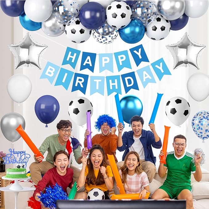 Soccer Birthday Party Decorations for Boys, Soccer Party Decorations with Blue White Balloons Happy Birthday Banner Cake Toppers 18in Foil Balloon for Boys Men Sport Theme Party Decor