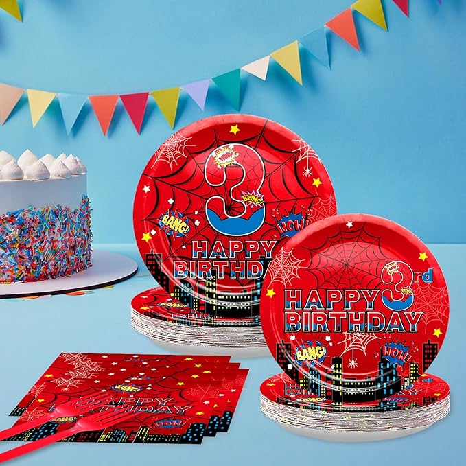 Red Spider 3rd Birthday Party Supplies, Spider Web Birthday Plates Set Include Paper Plates, Napkins, Forks for Spider Themed Party Favors