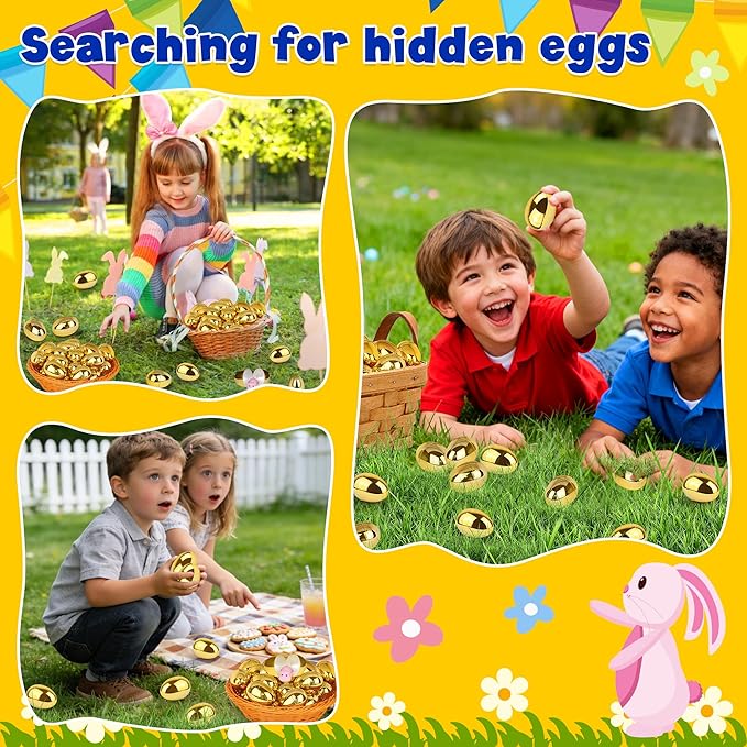24 Pack Gold Easter Eggs, 2.4 Inch Metallic Plastic Empty Golden Eggs Fillable for Easter Eggs Hunt, Easter Basket Stuffers Fillers, Classroom Prize Supplies, Filling Treats and Party Favors
