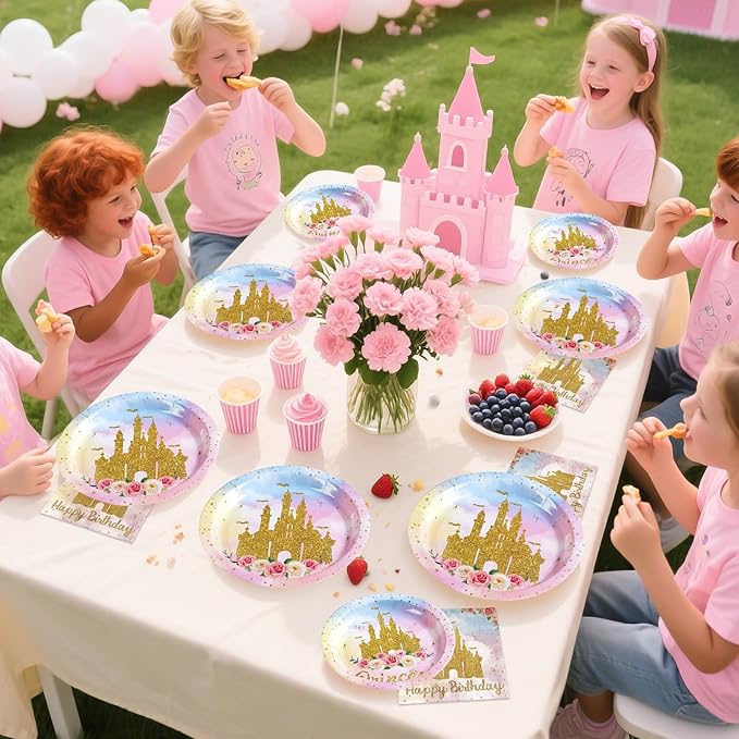 Grencian 96Pcs Princess Birthday Party Supplies Princess Birthday Plates and Napkins Tableware Sets Watercolor Pastel Rainbow Castle Decorations for Girls Baby Shower Fairytale Party Favors Serves 24