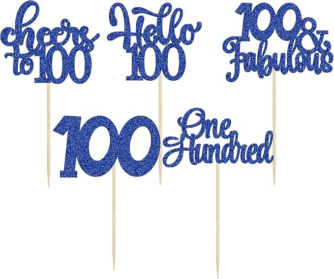 30Pcs Happy 100th Birthday Cupcake Toppers Deep Blue Glitter One Hundred Cheers to 100 Years Old Birthday Cupcake Picks for 100th Wedding Anniversary Party Cake Decorations