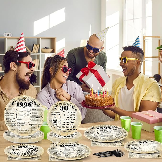 CHUNNIN 96Pcs 30th Birthday Plates and Napkins Back in 1996 Party Decorations Vintage 30 Year Old Party Dessert Plates 1996 Birthday Tableware for 24 Guests 30th Theme Men Woman Bday Parties Supplies
