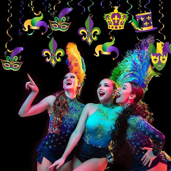 Mardi Gras Hanging Swirl Decorations - 36Pcs Mardi Gras Crown Mask Ceiling Hanging for Masquerade Party Decorations Gold Green Purple Foil Swirl New Orleans Celebration Mardi Gras Party Supplies