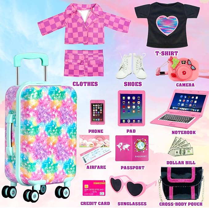 American 18 inch Doll Clothes Accessories Girl Suitcase Luggage Travel Set-Doll Clothing Hat Handbag Sunglasses Camera Computer Passport Cell Phone for Valentine's Day Birthday(NO Doll)