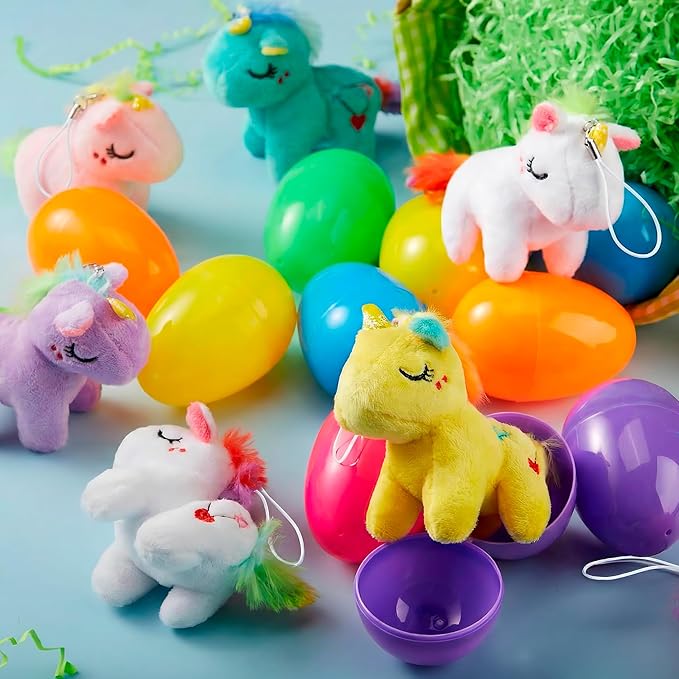 JOYIN 12 Pcs Filled Easter Eggs with Plush Unicorn, Bright Colorful Eggs Prefilled with Variety Plush Unicorn for Kids Toddlers Easter Hunt, Basket Stuffers and Party Favors