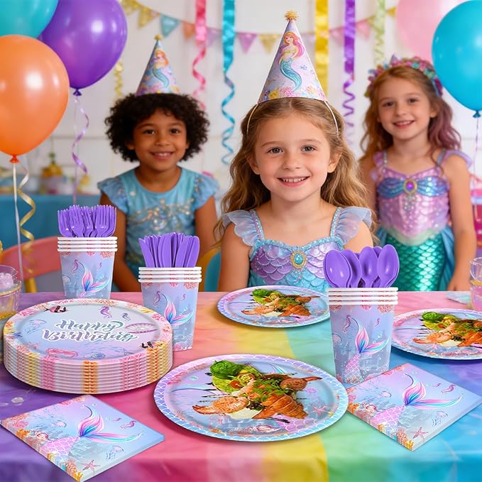 140pcs Mermaid Birthday Party Decorations Set Mermaid Party Supplies Includes Plates, Napkin, Fork, Cup Baby Shower Ocean Birthday Party Decorations, Serves 20