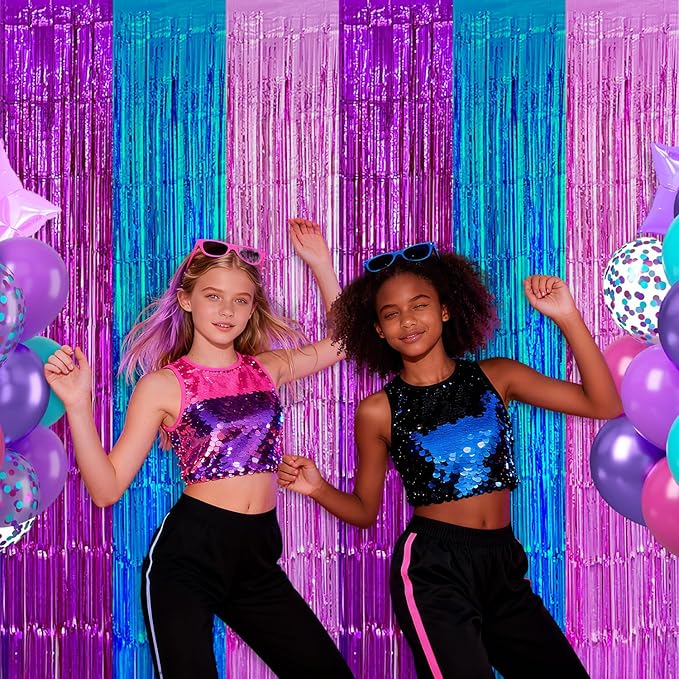 2 Pack Purple Blue Pink Foil Fringe Curtains Backdrop Birthday Party Decorations, 3.28 x 6.56 Ft Music Themed Tinsel Streamer Banner Photo Booth Props for Mermaid Sea Party Decor Supplies Favors