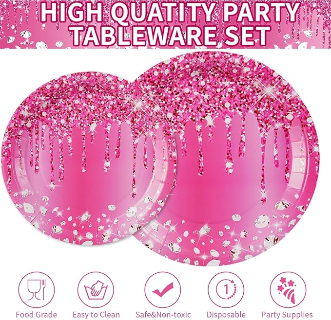 Grencian 96Pcs Hot Pink Silver Birthday Party Supplies Hot Pink Plates Disposable Disco Holographic Tableware Set for Girls Women Silver Glitter Wedding Bridal Shower Birthday Party Decor, Serves 24