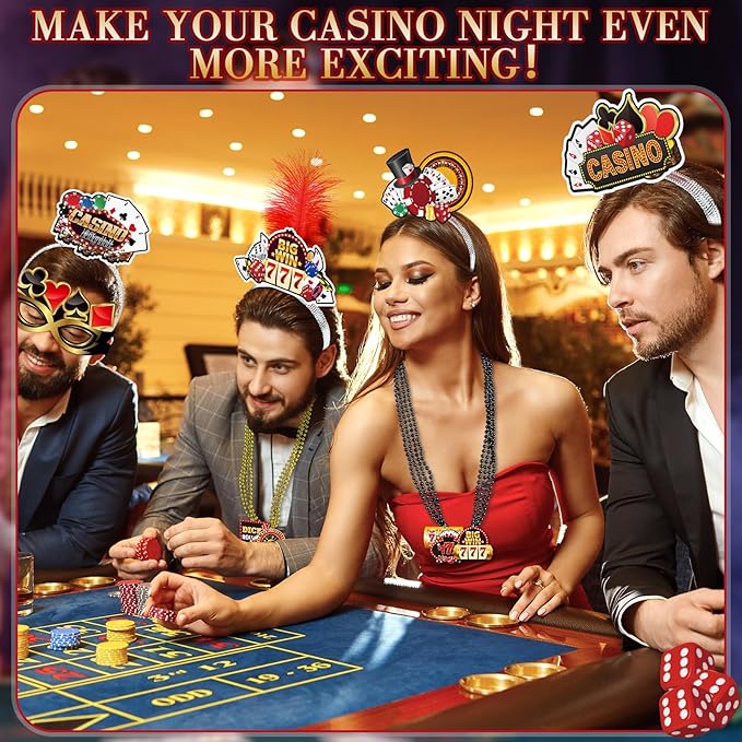 Landical 36 Pcs Casino Night Party Supplies 12 Beaded Necklaces 12 Hat Headbands 12 Paper Night Glasses Prop Accessories Tiaras Poker Dice Sign Casino Party Favors Las Vegas Game Decorations