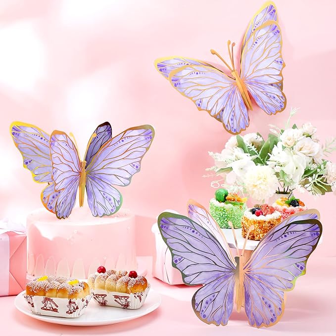 Geyee 10 Pcs Large Butterfly Centerpieces for Tables Butterfly Party Decorations 3D Paper Table Toppers Centerpieces Wall Decor for Birthday Baby Shower Wedding Party Supplies(Purple)