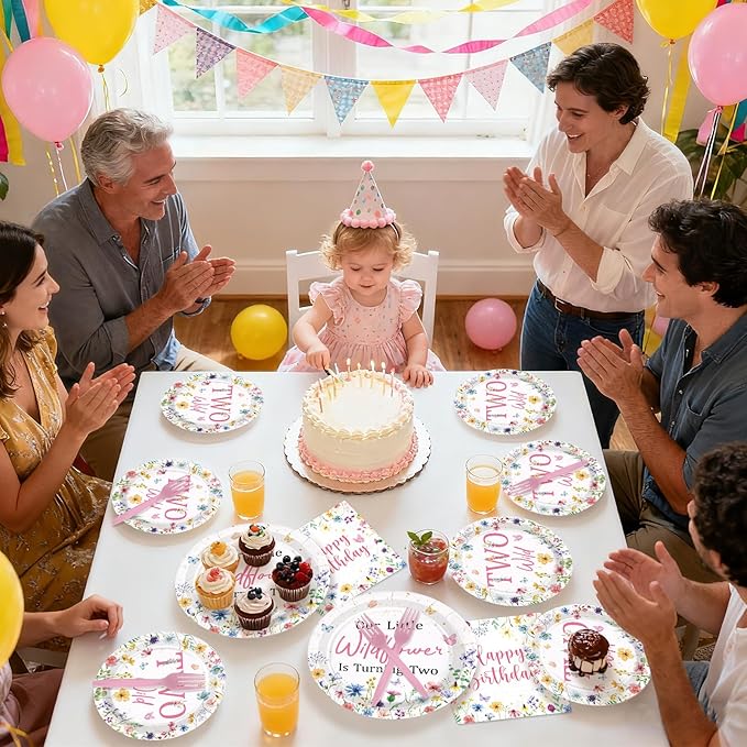 96Pcs Wildflower 2nd Birthday Decoration Our Little Wildflower Is Turning Two Plates and Napkins Spring Flowers Second Birthday Decorations for Girls Floral Two Years Old Bday Party Supplies Serves 24
