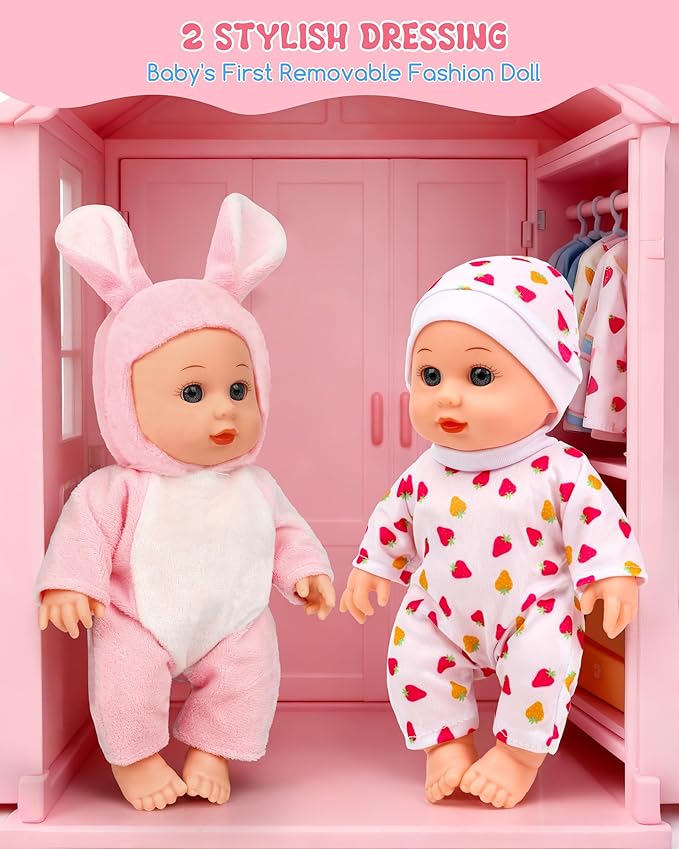 Baby Doll Stroller Set with 2 Doll Outfits, Toy Baby Stroller for Dolls with Diaper, Bib & Mini Bag, Imaginative Role-Play Gift for Toddlers 2+