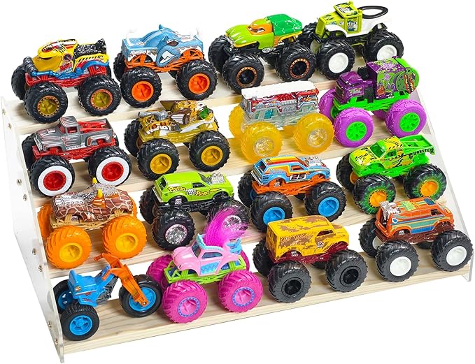 AAiphuwew Display Case for Monster Trucks Storage Toy Cars Organizer Shelf, 4 Tiers Wooden Monster Truck Display Risers Shelf for Toy Cars