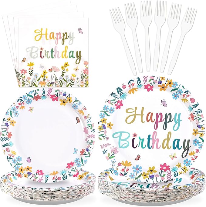 96Pcs Spring Flower Birthday Party Decorations Colorful Wildflower Plates and Napkins Groovy Boho Floral Leaf Disposable Paper Tableware Set for Wedding Tea Garden Party Supplies Serves 24
