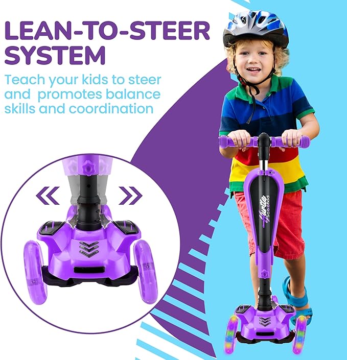 Hurtle 3-Wheeled Scooter for Kids - Wheel LED Lights, Adjustable Lean-to-Steer Handlebar, and Foldable Seat - Sit or Stand Ride with Brake for Boys and Girls Ages 1-14 Years Old