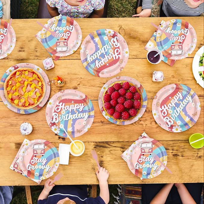 96Pcs Groovy Birthday Party Decorations Boho Groovy Birthday Plates and Napkins Tableware Set Daisy Hippie Rainbow Boho Themed Decorations for Baby Shower Gender Reveal Party Decor Supplies Serves 24