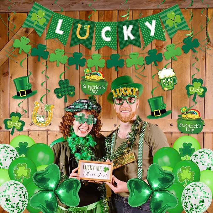61Pcs St. Patrick's Day Decorations, Lucky Shamrock Banner Shamrocks Garland Saint Patrick Hanging Swirl Cutout 6.56FT St Patricks Day Garland Balloons for Irish Lucky Day Home Party Supplies