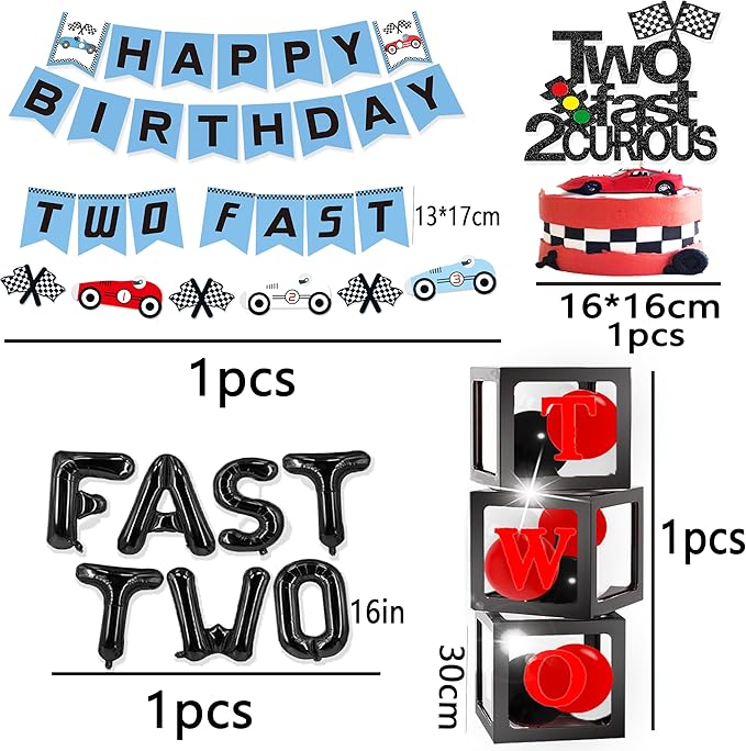 2 Fast Birthday Decorations，Two Fast 2 Curious Racing 2nd Birthday Decorfor Boys Girls 2nd Bday Racing Themed Car Decoration Party Supplies 。