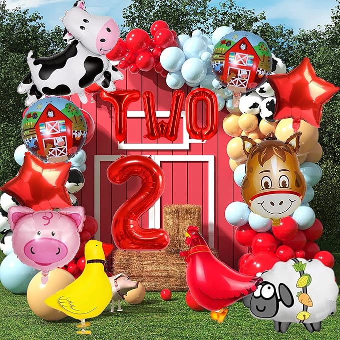 14 PCS Farm Animal Balloons Cow Sheep Duck Rooster Pig Donkey Balloons Barnyard Balloon Supplies with Large Number 2 Foil Balloon for Farm Animal Theme 2nd Birthday Party Decor Supplies