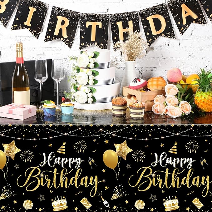 Tudomro 1 Pcs Happy Birthday Tablecloths Happy Birthday Party Decorations Plastic Table Cover Rectangular Cloths for Women Men Baby Shower Party Supplies, 108 x 54 Inch (Black Gold)
