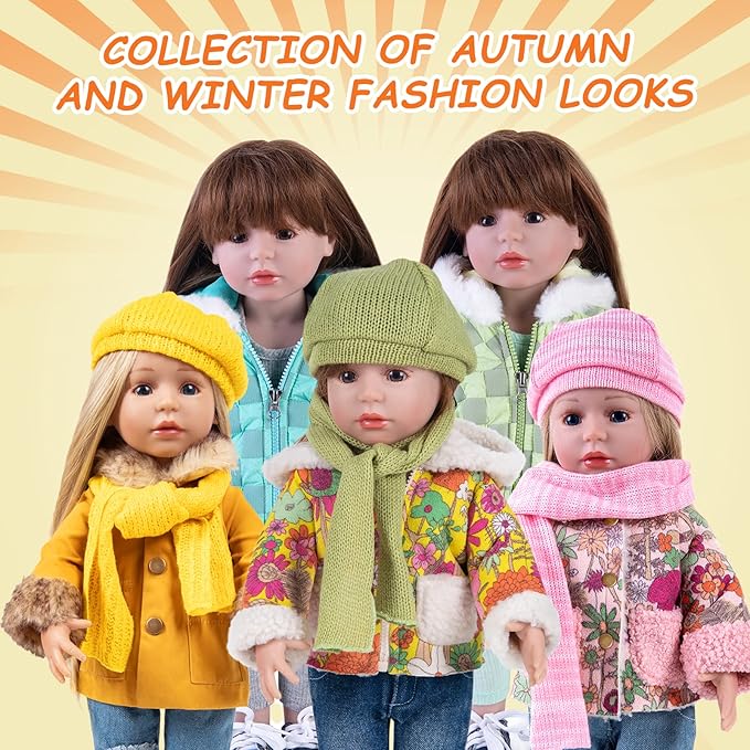 Doll Clothes Set 5 Pc. Set Includes Colorful Yellow Coat, Green Scarf and Hat, Blue Jeans & White T-Shirt Baby Doll Clothes Suit and Accessories (Doll & Shoes Not Included)