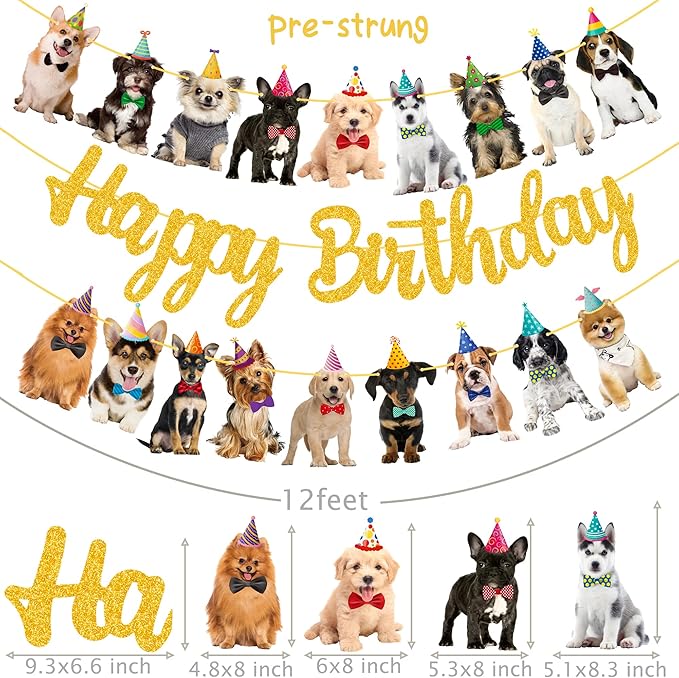 Dog Happy Birthday Banner Decorations Baby Birthday Party Supplies Gold Glitter Puppy Birthday Banner for Pet Dog Theme Party Bunting Decoration Baby Shower Party Supplies