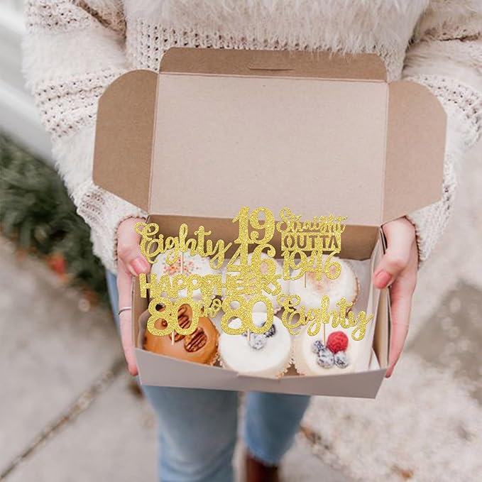 30PCS Happy 80th Birthday Cupcake Toppers Gold Glitter Eighty Straight Outta 1946 Cupcake Picks 80 Fabulous Cake Decorations for 80th Birthday Anniversary Party Decoration Supplies