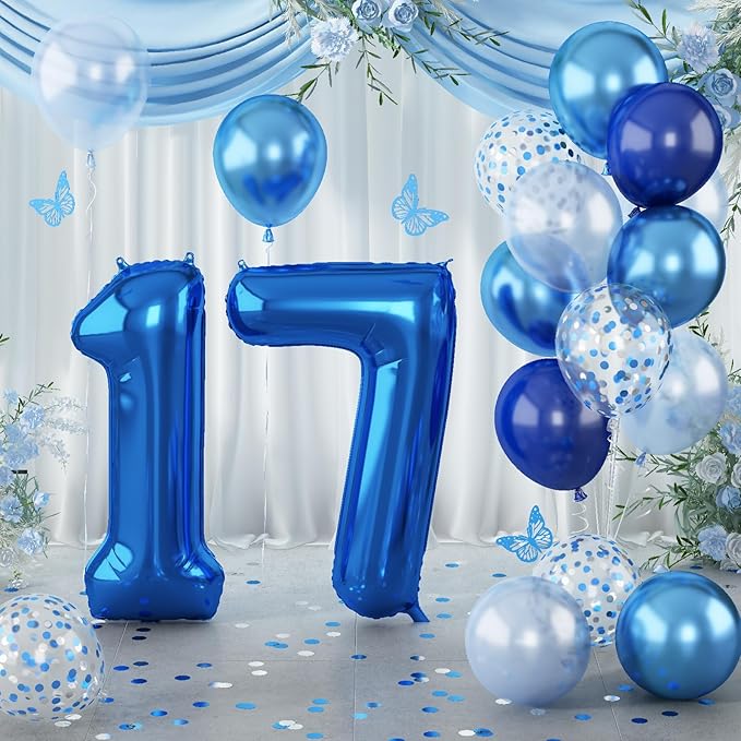 Giant Number Foil Balloon 17, Dark Blue Self Inflating 17th Birthday Balloon for Men, 40'' 17 Balloon Light Navy Blue with Metallic Silver Confetti Balloon for Anniversary Party Decorations Supplies