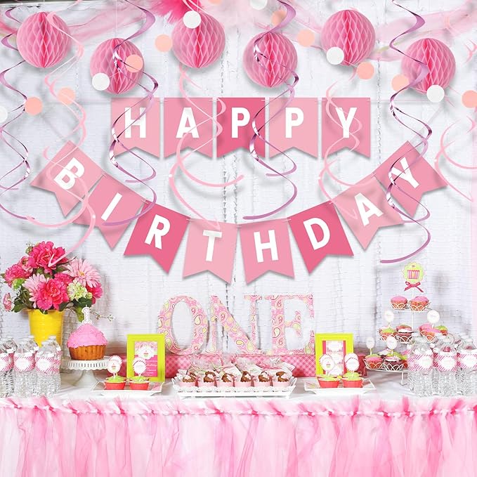Pink Birthday Decorations Kit - 16-Piece Set with Pre-Strung Happy Birthday Banner, Honeycomb Balls, Garland & Swirls | Pink Theme Party Supplies for Women Girls Kids, Teens Adults