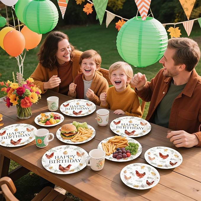 96Pcs Chicken Birthday Party Decorations Barnyard Farm Animal Paper Plates Disposable Watercolor Hen Chick Supplies Tableware for Birthday Baby Shower Chicken Themed Party Decorations Serves 24
