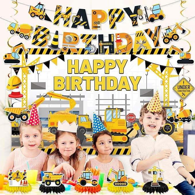 Construction Birthday Party Supplies & Decorations Kit with Excavator Banner, Backdrop, Hanging Swirls, Honeycomb Centerpieces for Kids Boys