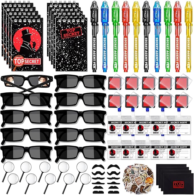 132Pcs Spy Detective Party Favors Kit for Kids Sunglasses, Invisible Ink Pen, Magnifying Glass, Secret Agent Name Tags for Spy Cosplay Escape Room Party Favors Detective Party Decorations