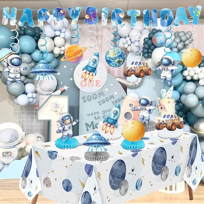 Outer Space Party Decorations, Space Solar System Theme Honeycomb Centerpieces Swirl Streamers Tablecover Birthday Banner for Birthday Party Decorations(Outer Space)