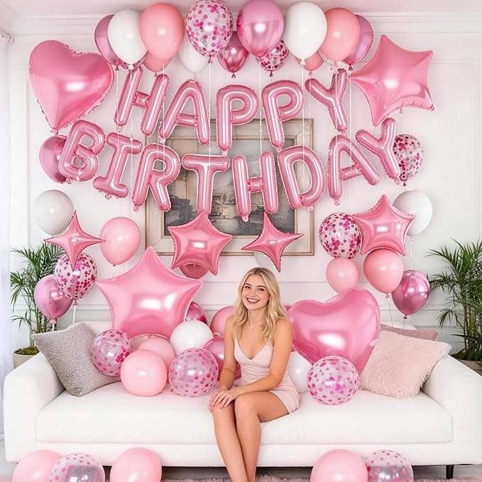 Pink Birthday Decorations for Girls Pastel Light Baby Pink Metallic Whte Confetti Latex Balloon Happy Birthday Banner Heart Foil Balloon 18/10 Inch Star Balloons for Women Bday Party Supplies