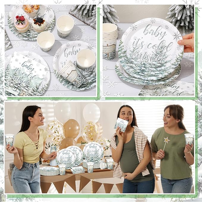 Hushee 200 Pcs Cold Outside Baby Shower Paper Plates Cups Napkins Party Supplies Tableware Set Disposable Cup Napkin for 50 Guest Party Decoration