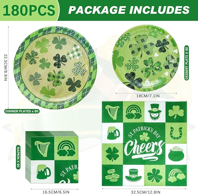 180PCS St. Patrick's Day Party Supplies - Shamrock Paper Plates & Napkins Kit for Happy St. Patrick's Day Decorations, Includes Dinner & Dessert Plates