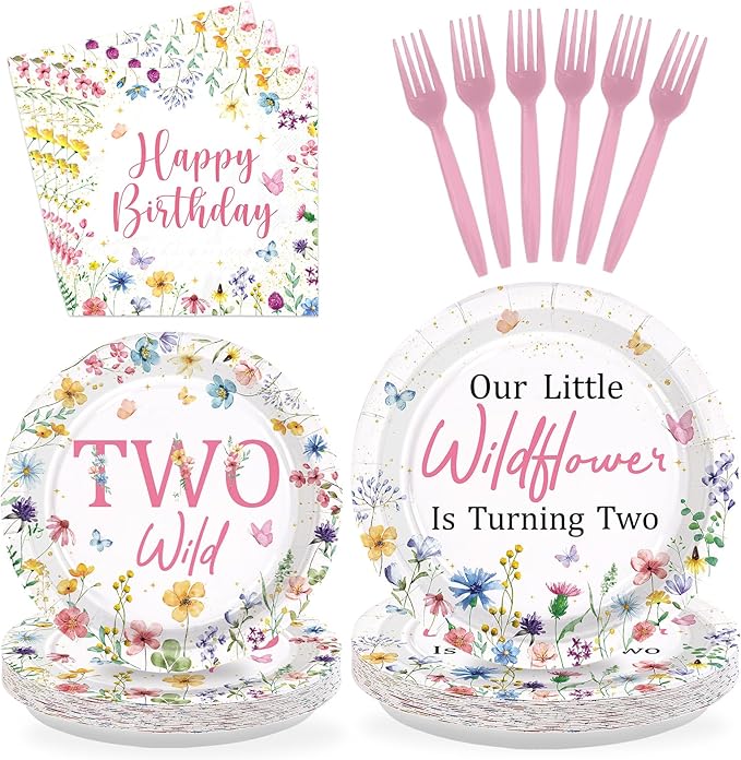 96Pcs Wildflower 2nd Birthday Decoration Our Little Wildflower Is Turning Two Plates and Napkins Spring Flowers Second Birthday Decorations for Girls Floral Two Years Old Bday Party Supplies Serves 24