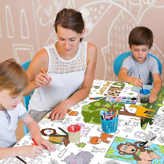 Wild Coloring Tablecloth for Kids, Jumbo 30x72 Inch Poster with Jungle Animals, Leaves, Safari Scenes, Perfect for Wild Party Games, Jungle Decorations, Classroom Fun, Celebration Supplies