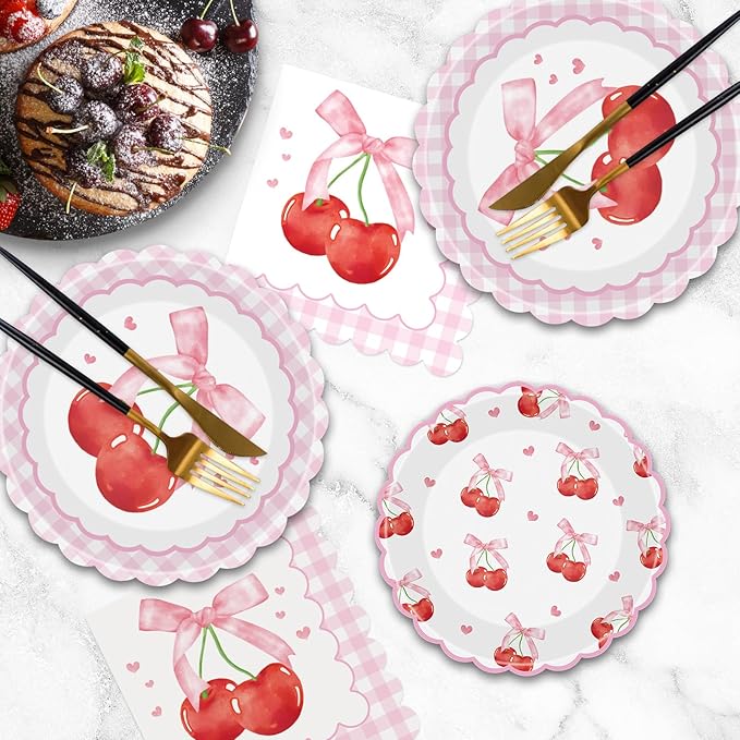 40 Pcs Cherry Birthday Decorations - Pink Bows Plates and Napkins Party Supplies, Disposable Scalloped Bowknot Paper Dinner Plates Napkins Sets for Fruits Cherry Table Party Decor Favors, Serves 20