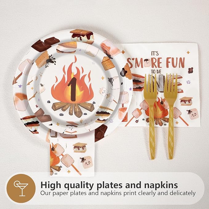 96 Pcs S'Mores Camping Birthday Party Decorations It's S'more Fun to Be One Plates and Napkins Disposable First Birthday Tableware Set for Kid Camper Bonfire Camping Theme 1st Party Supplies Serves 24