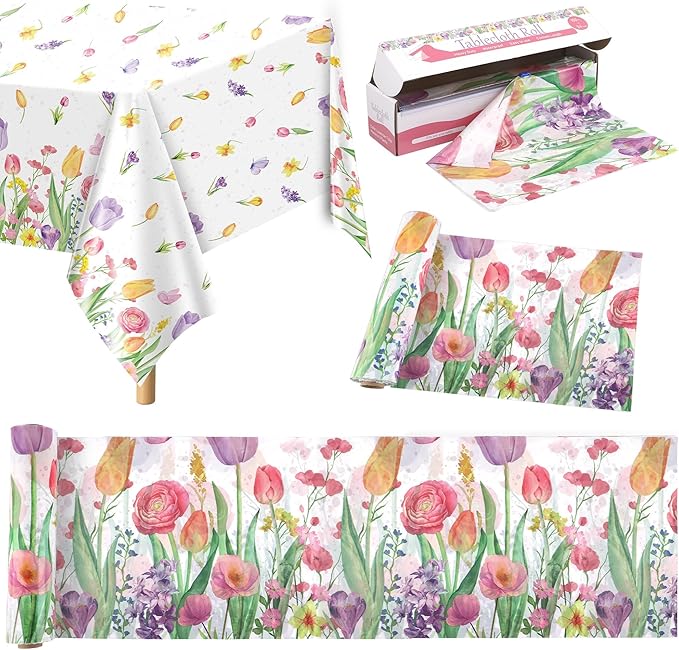 Kochorie Spring Flower Tulip Tablecloth Roll 54 Inch x 100 Feet Plastic Floral Disposable Table Cover Butterfly Wildflower Themed Backdrop for Spring Floral Tea Party Birthday Wedding Decor