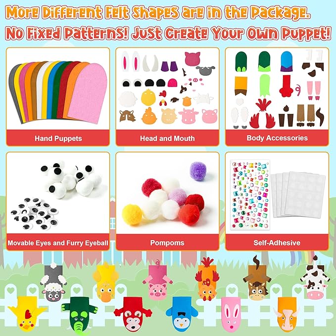 WATINC 12Pcs Hand Puppet Making Kit, Art Craft Felt Sock Puppet Toys, Creative DIY Make Your Own Pompoms Wiggle Googly Eyes Storytelling Role Play Party Supplies Gift for Girls Boys (Animals Farm A)