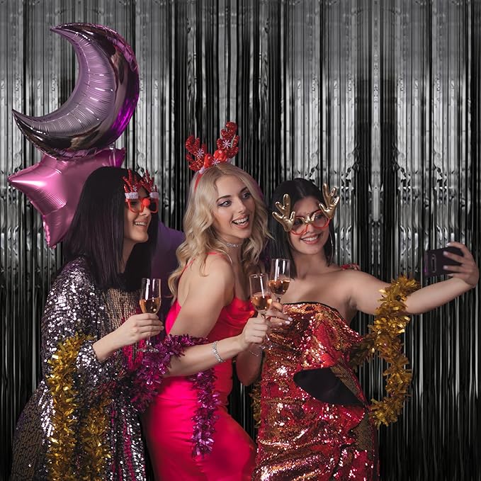 3 Pack 3.3 x 9.9 ft Black Foil Fringe Backdrop Curtain, Streamer Backdrop Curtains, Streamers Birthday Party Decorations, Tinsel Curtain for Parties, Galentines Decor, Preppy, Photo Booth