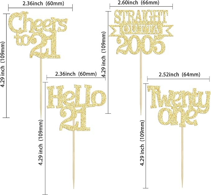 Ephlyn 24Pcs 21st Birthday Cupcake Toppers Glitter Straight Outta 2005 Cupcake Picks Hello 21 Cheers to 21 Years Cake Decorations for 21st Birthday Anniversary Party Decorations Supplies Gold